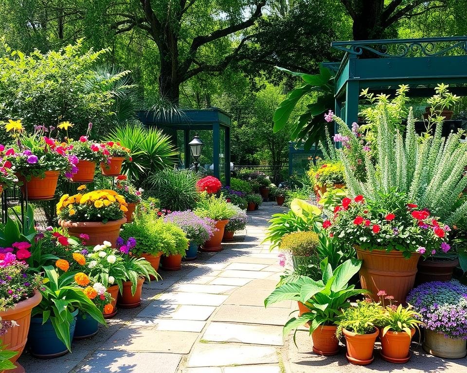Outdoor planters in a garden